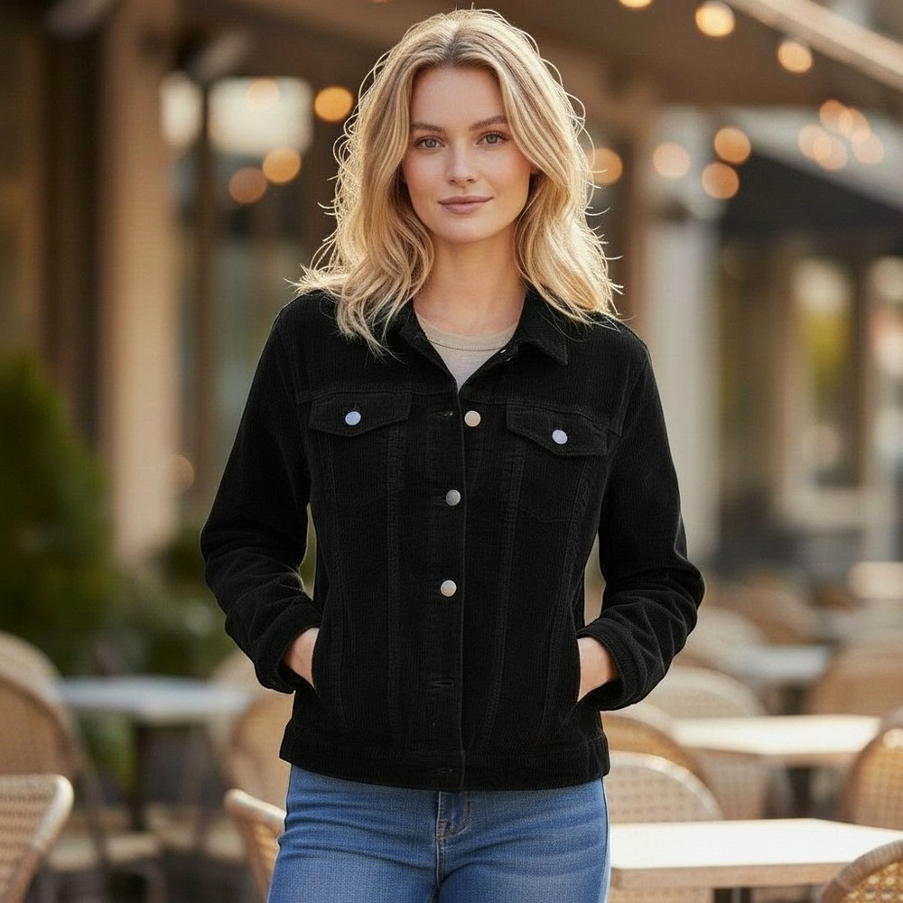 Time and Tru Corduroy Trucker Jacket Womens L 12-14 Black Stretch Button Up Coat